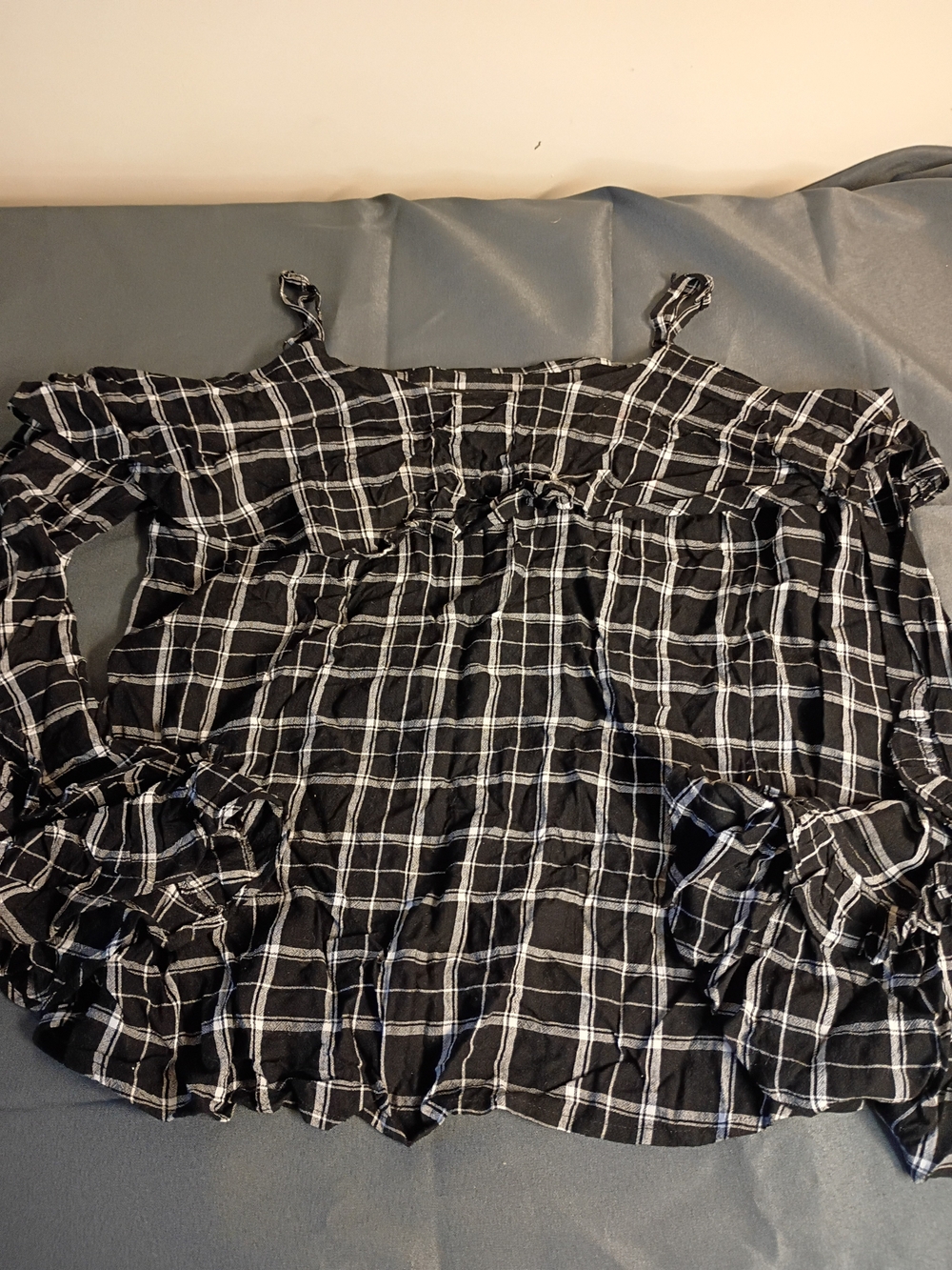INC International Concepts Black and White Plaid Cold-Shoulder Blouse